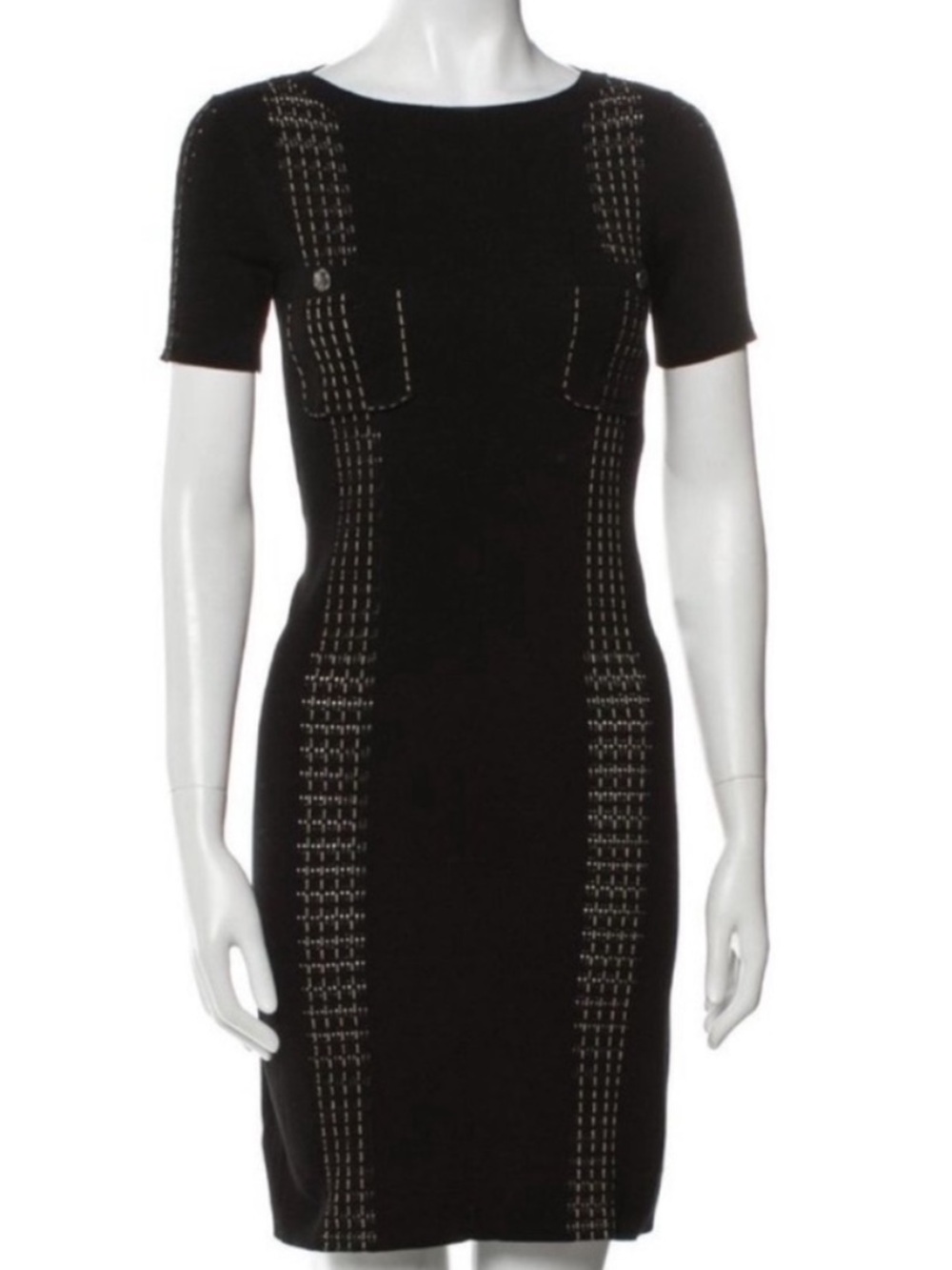 Chanel Black Cotton Knit Short Sleeve Beige Topstitched Sweater Dress  36